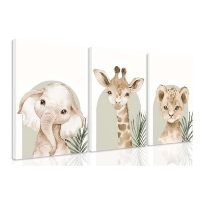 Nursery Canvas Wall Art Set Of 3 Baby Kids Room Picture Wall Decor Jungle Safari Lion Elephant Giraffe Poster Painting Cute Animal Prints For Children Toddlers Bedroom Framed