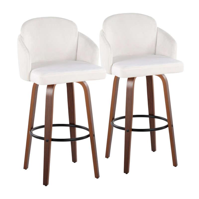 Tabouret de bar pivotant à hauteur fixe en velours crème avec pieds en bois de noyer et détails en métal doré - ensemble de 2