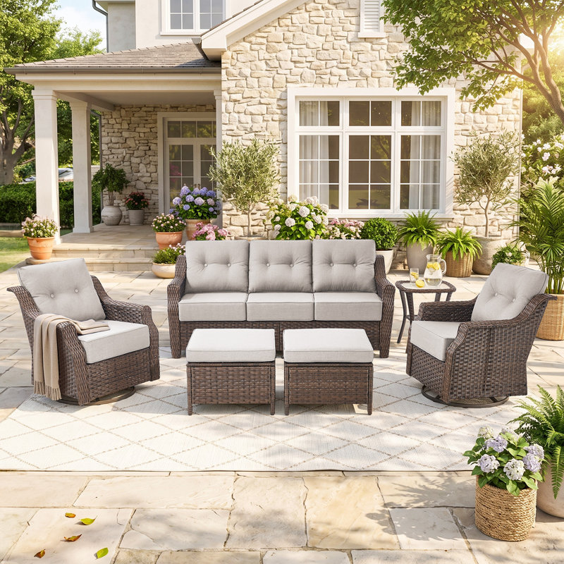 Mobilier de patio 6 pièces en osier brun avec coussins, Beige