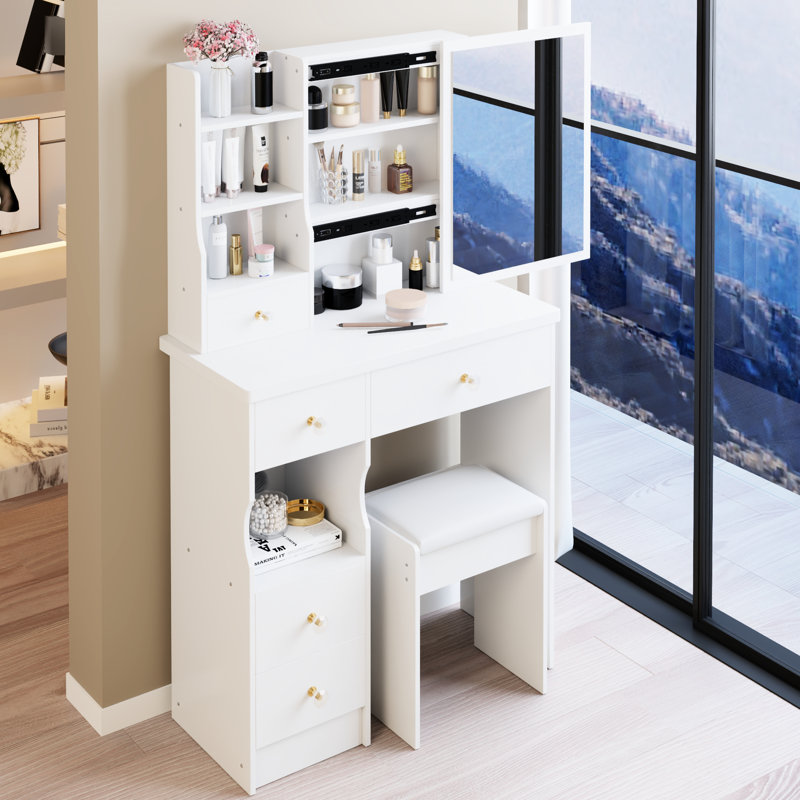 Petite coiffeuse blanche avec tiroir à gauche, miroir coulissant à droite, rangement multicouche et tabouret rembourré de style américain pour espaces de rangement, tabouret, largeur de 29,2 po