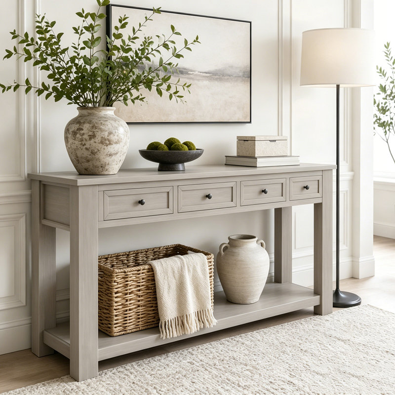 Console 63 pouces avec quatre tiroirs et tablette inférieure, Gris délavé