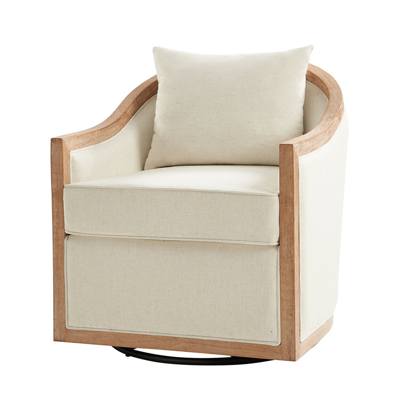 Meredy Farmhouse Swivel Barrel Chair with Solid Wood Edging