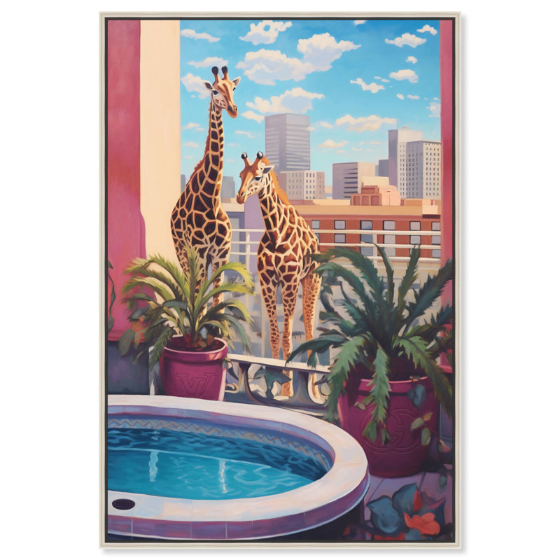 Girafes à la toile de la baignoire tropicale, art par Art Remedy, Cadre argenté, H 31 po x l 21 po