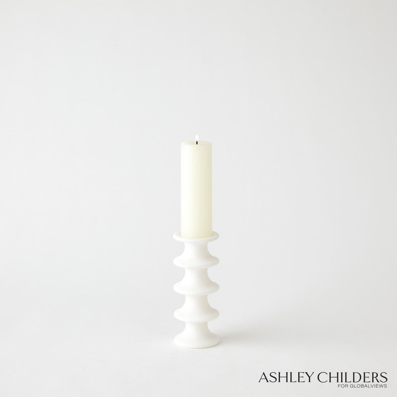 Ridge Alabaster Candlestick-Lg, 7.25" H x 3" W x 3" D, White