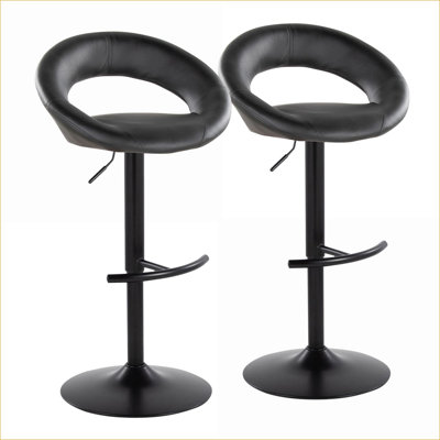 Set of 2 Adjustable 360° Swivel Bar Dining Chairs for Adults, Black Faux Leather Black Metal Base with Rounded T Footrest
