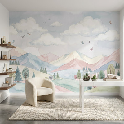 Pastel Watercolor Wallpaper Mountain Landscape Rolling Hills Wall Mural
