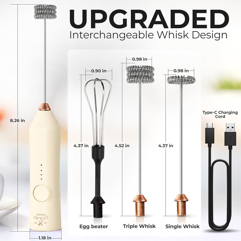 Mousseur à lait rechargeable Zulay Kitchen - dynamique - 3 vitesses, 3 accessoires pour fouet, charge 500 ma USB, mélangeur de boissons pour café au lait, cappuccino, matcha, poudre de protéine, mousse de café