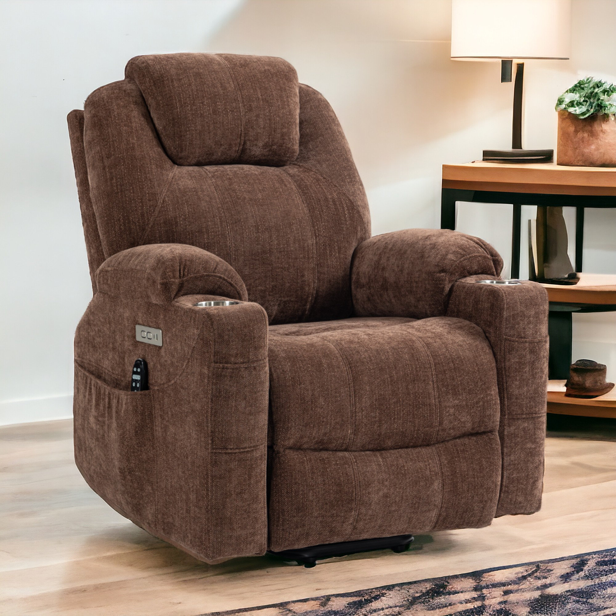 Latitude Run® Brown Chenille Power Lift Recliner Chair With 8-Point ...