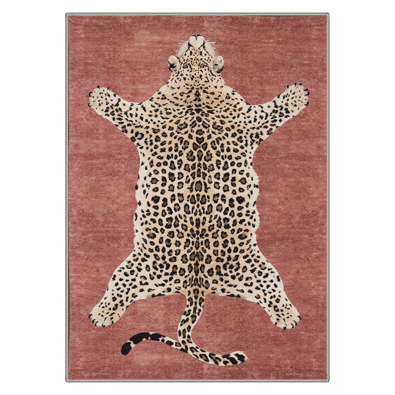 Alinda Lynx Animal Print Machine Washable Red / Brown / Beige Indoor Area Rug with Non-Slip Backing, Rectangle 5' x 7'