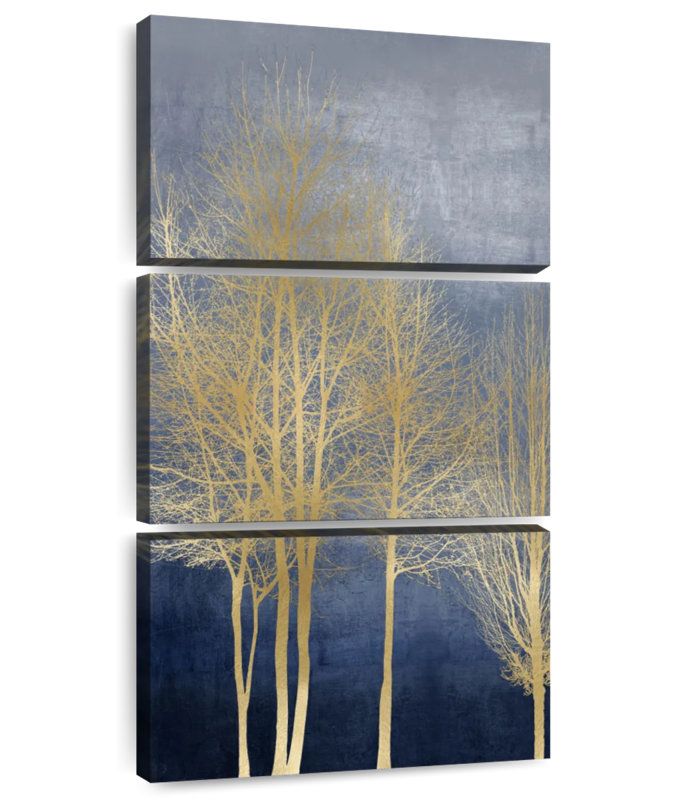 Arbres sur panneau bleu I, H 44 po x l 21 po