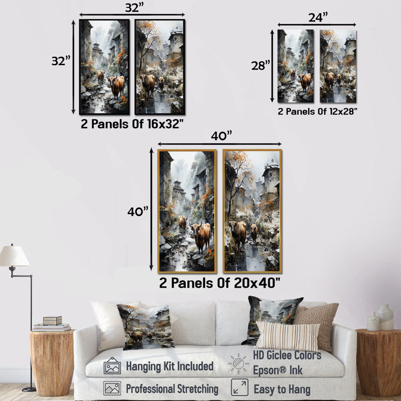 Yaks Urban visiteur - ensemble de 2 décorations murales Yaks, H 40 po x l 41 po, Toile tendue