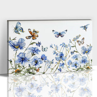 Flower Canvas Wall Art Blue Rustic Prints Butterfly Floral Artwork Decor Country Still Life Painting Vintage Botanical Pictures for Bathroom Bedroom