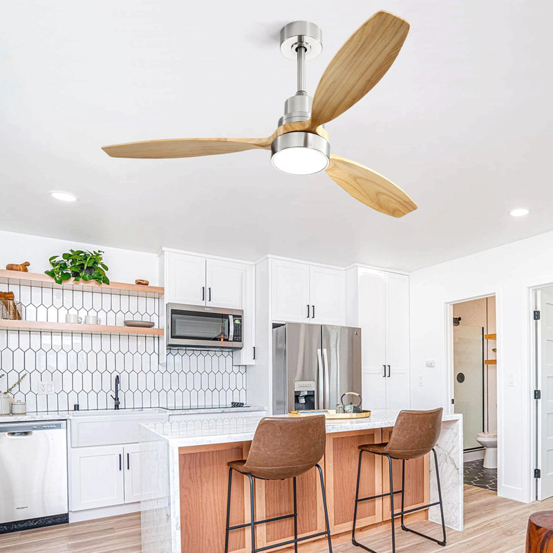 52 Inch Wooden Ceiling Fan White 3 Solid Wood Blades Remote Control Reversible DC Motor With Led Light, Brushed Nickel