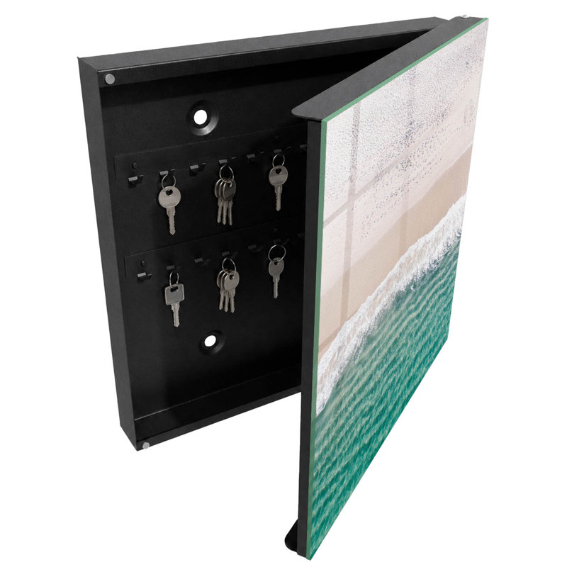 Key cabinet for home, Opens to the right, 30x30x5, Black, A quiet beach with sand and waves, 