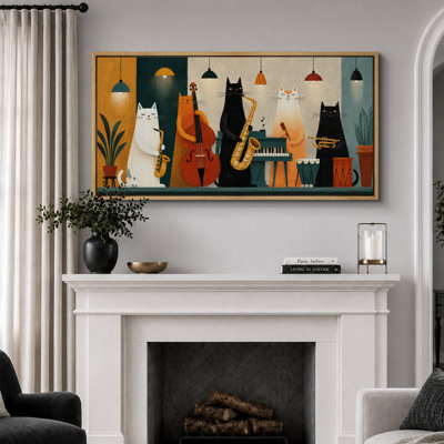 Colorful Cat Music Band Performance Modern Animal Artwork for Living Room Extra Large Pictures Framed Canvas Print Wall Art