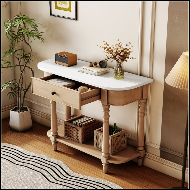 Narrow Console Table With Curved Corners, Retro Entryway Table With Top Drawer And Open Shelf For Versatile Storage And Elegant Design
