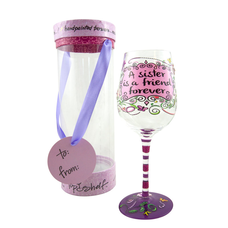 Hand-Painted Multicolor Sister Forever Wine Glass, 15oz