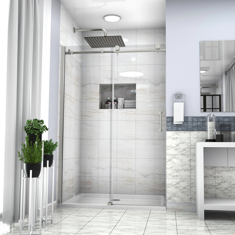 Brushed Nickel Shower Enclosure 48"X76" - Stylish Bathroom Upgrade With Tempered Glass Elegant Appearance, Enhances Aesthetics Spare Parts Available Single Sliding Bypass Clear Glass, Opulence