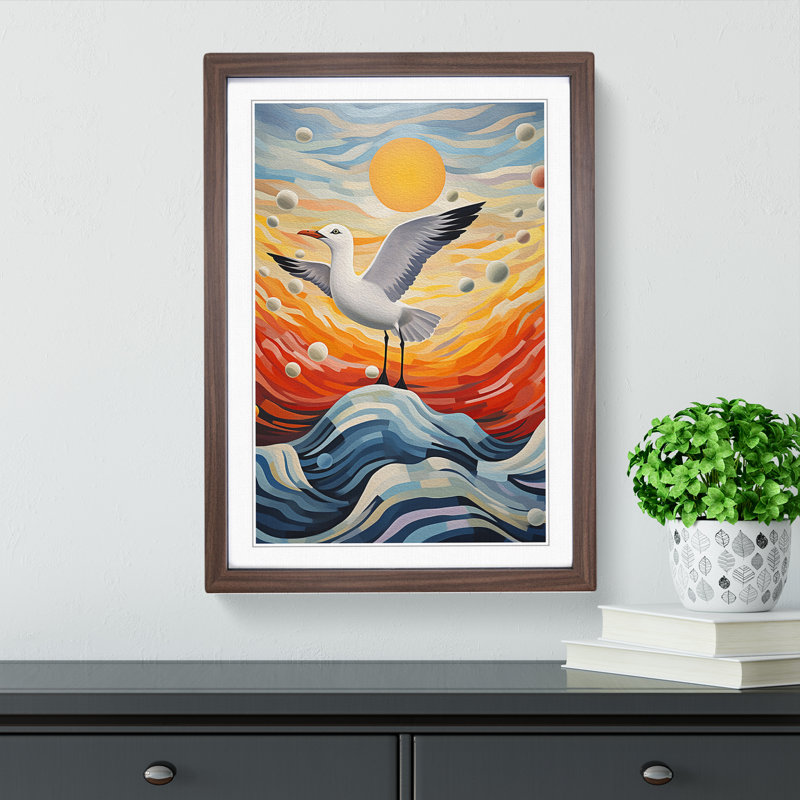 Seagull Abstract - Single Picture Frame Print on Wood, Walnut, 46cm H x 34cm W x 2cm D