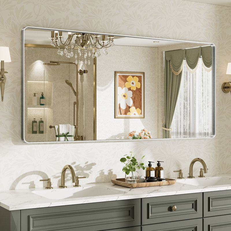Miroir de salle de bain mural Llesenia, 60 po x 28 po, Argent argent, Rectangulaire