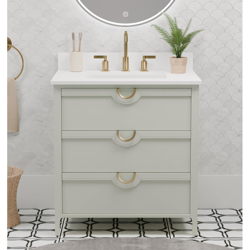 Meuble-lavabo simple 30 po avec plateau en quartz blanc pur Yulan, pré-assemblé