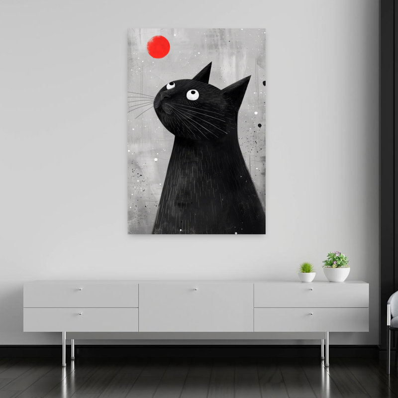 Chat noir, boule rouge, art mural moderne, 60" H x 40" W