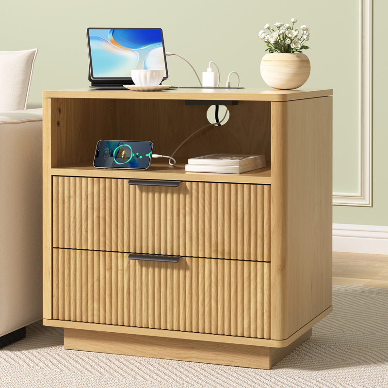 23.4'' W 2-Drawer Nightstand with Charging Station, Fluted Nightstand with Open Cubby