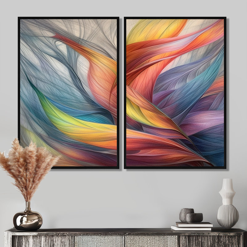 Art mural rétro sur toile, feuilles et pastel rétro arc-en-ciel Boho, 36" H x 48" W, Impression encadrée flottante, Black
