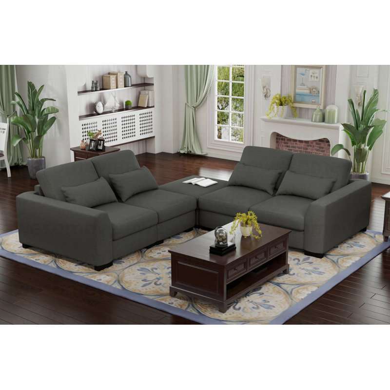 Canapé modulaire en forme de L 130 po avec repose-pieds de rangement en tissu de lin gris foncé
