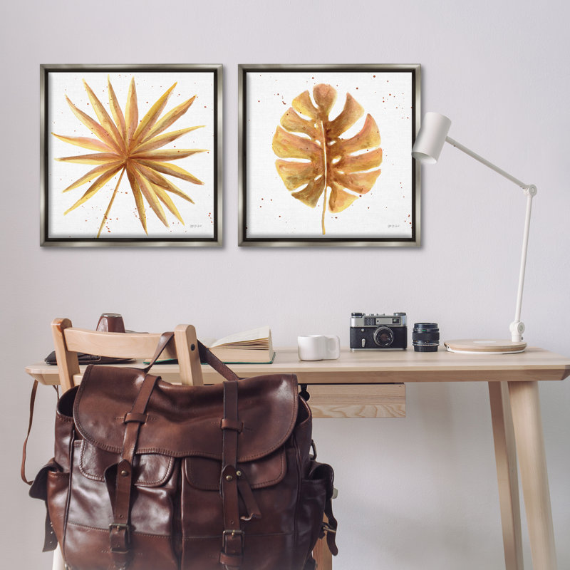 Golden Palm Monstera Leaves, ensemble de 2 toiles flottantes encadrées par Yvette St. Amant, Cadre flottant gris lustré