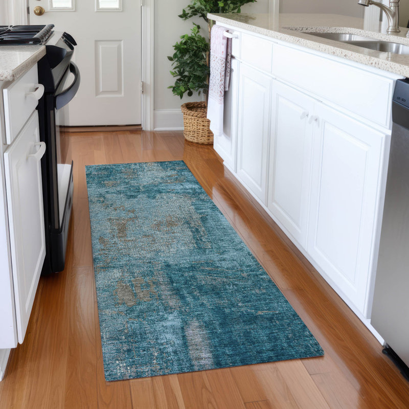 Teal Abstract Washable Synthetic Indoor/Outdoor Runner Rug