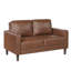 Sofa rustique deux places en similicuir au chocolat, avec accoudoirs droits et passepoil décoratif.