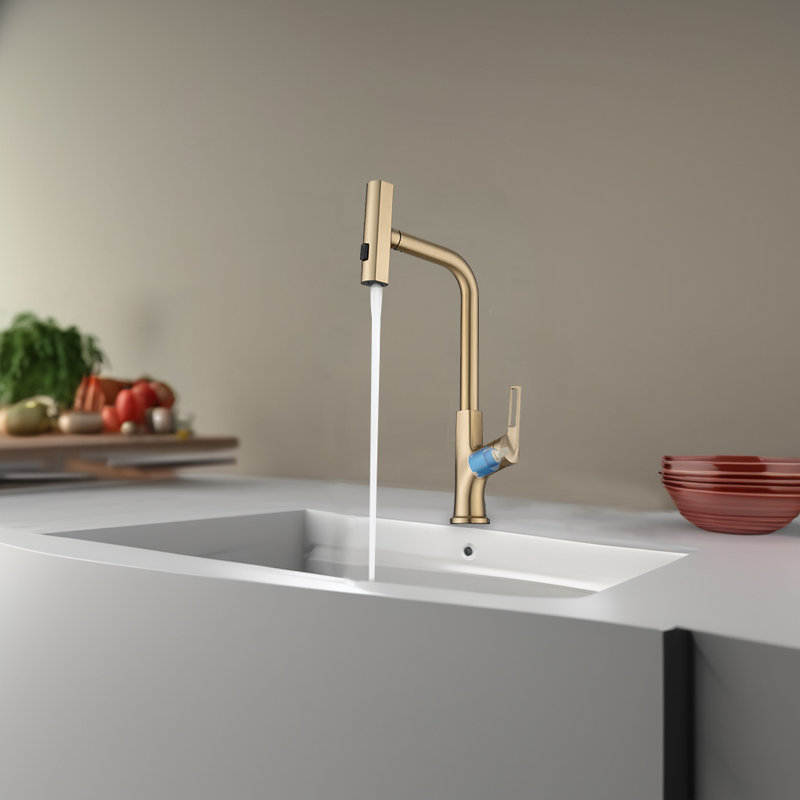 CERYPSA Pull Down Kitchen Faucet with 90° Adjustment for Switching Three Spray Modes, Brushed Gold