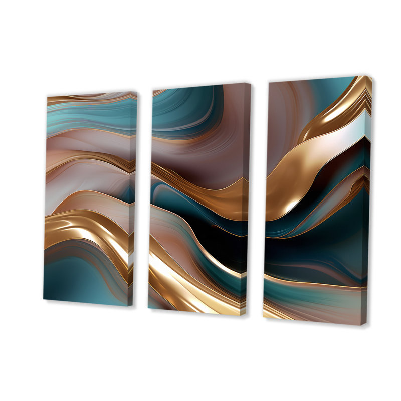 Tender Wave Harmony, or liquide et turquoise - Formes abstraites, art mural sur toile, H 28 po x l 36 po x P 1 po