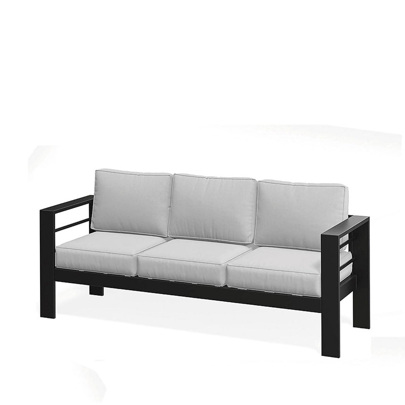 Canapé de patio 75 po 3 places toutes saisons en métal avec coussins épais gris clair et structure noire