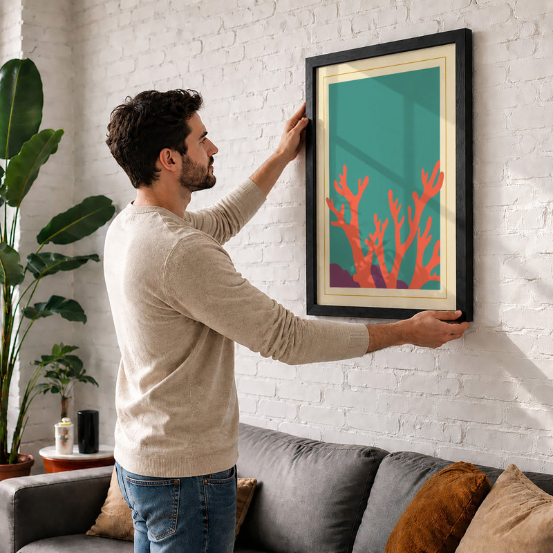Coral on Teal Coastal - Framed Print, A2 - 59.4 x 42.0 cm, Unframed