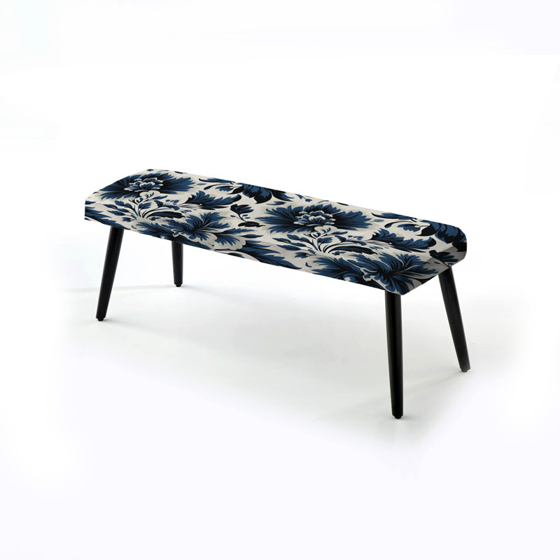Banc rembourré floral noir Truong, Bleu et blanc damas euphonie I