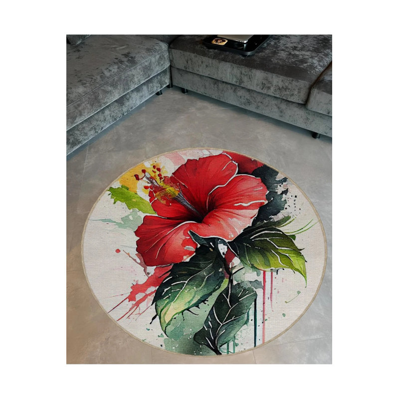 Modern Decorative Carpet With Watercolor-Look Flower Details, Round 5'