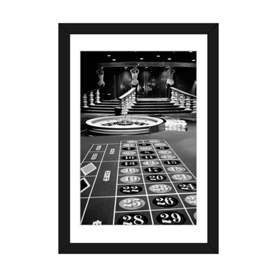 " 1960s Casino Viewed From End Of Roulette Table Opposite Of Wheel Looking Toward Statues Of Female Showgirls " Black and White Photography