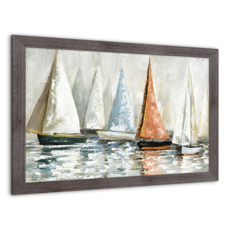 Voiliers en sourdine sur l'eau - peinture sur toile, Cadre photo gris en acrylique, H 24 po x l 36 po x P 0,75 po