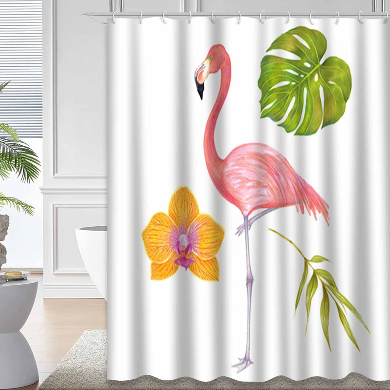 Rideau de douche aquarelle rose flamant rose en bambou avec 12 crochets, L 72 po x l 84 po
