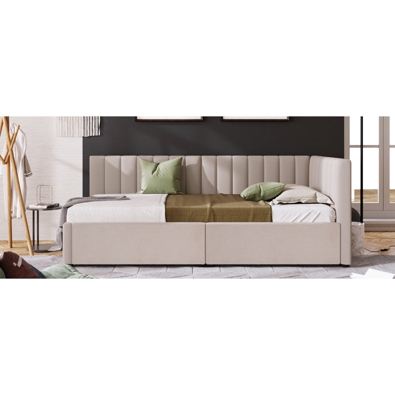 Lit de jour rembourré en lin beige avec 2 poches de rangement, taille simple - sans sommier, rehausse le confort et le style de votre chambre à coucher.