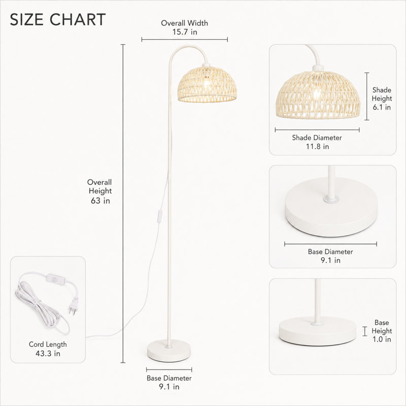 Lampe sur pied arquée en rotin blanc avec col flexible et ampoule E26 à lumière chaude