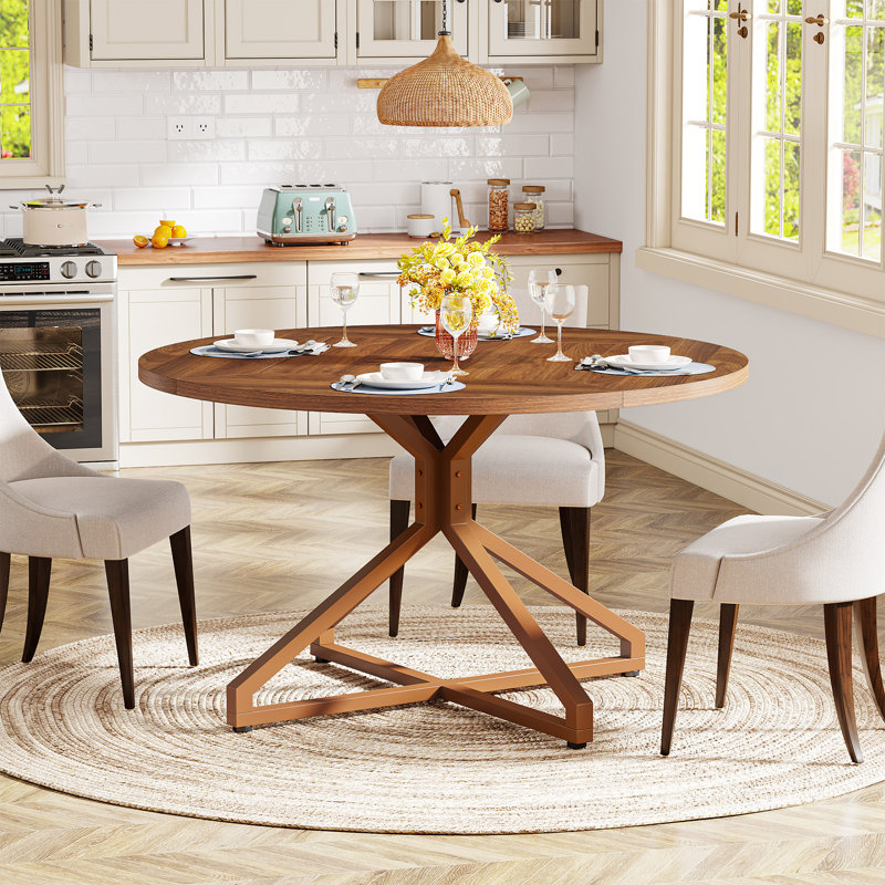 Brown Round Wood Dining Table with Metal Pedestal Base