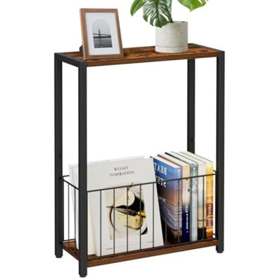 Table d'appoint étroite avec porte-revues, table de chevet mince | Design gain d'espace, petits espaces, tablette de rangement, structure en métal, montage facile, 18 cm P x 43 cm L x 60 cm H, brun rustique