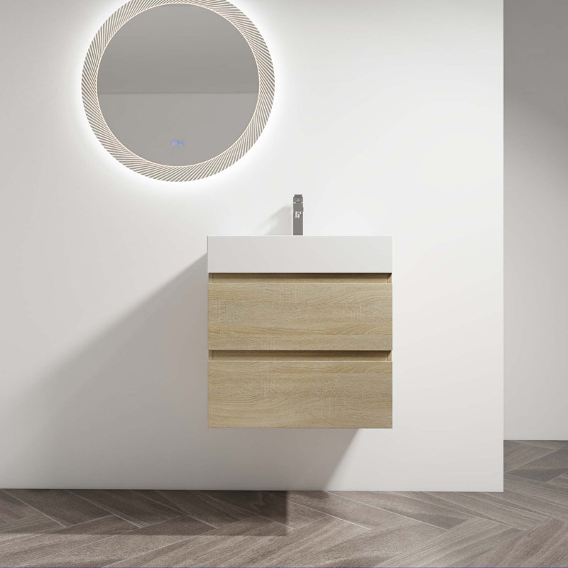 Meuble-lavabo mural avec lavabo en céramique, 2 tiroirs à fermeture en douceur