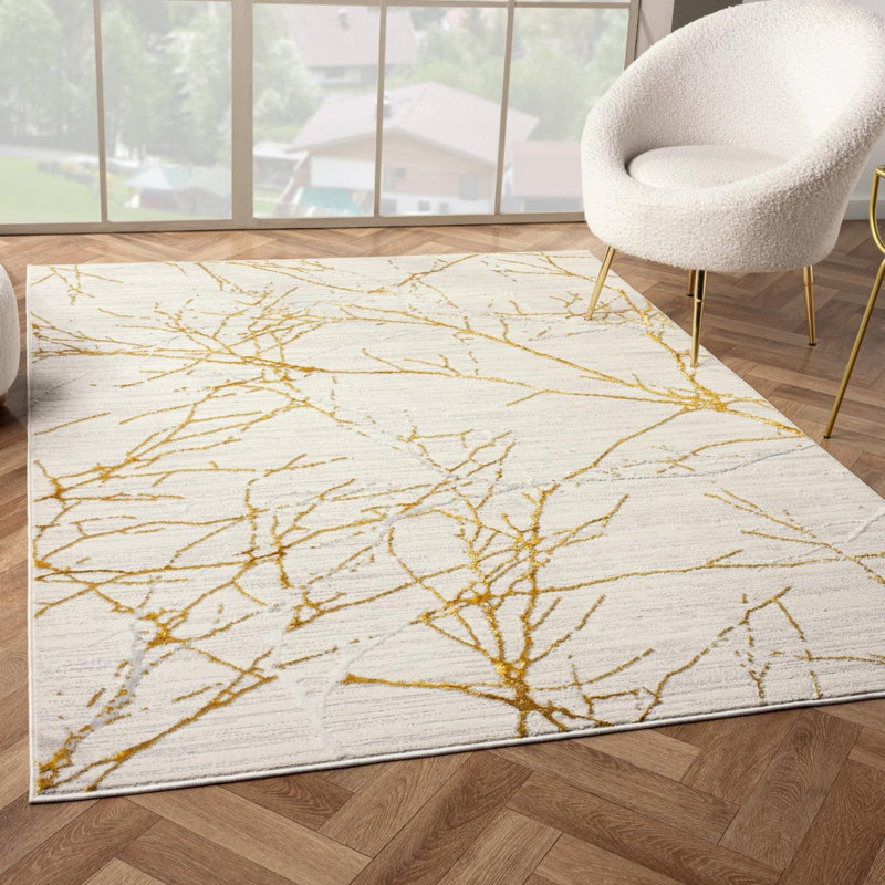Tapis moderne moderne à motif abstrait, Rectangle 6 pi 7 po x 9 pi 3 po, Doré