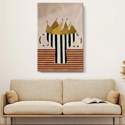 Art mural rétro poire nature morte, bol rayé avec dessin abstrait moderne, œuvre d'art tendue pour la cuisine et la salle à manger
