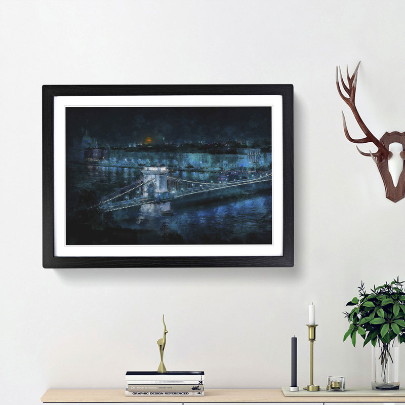 Chain Bridge in Budapest - Picture Frame Graphic Art Print, Black Framed, 33cm H x 45cm W x 2cm D
