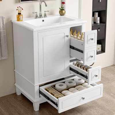 Meuble-lavabo 24 po avec lavabo et tiroirs, armoire autoportante en panneau de fibres à densité moyenne et en bois massif, plateau en céramique, 3 tiroirs et armoire d'appoint avec tablettes, finition peinte en bleu gris pour les petites salles de bain